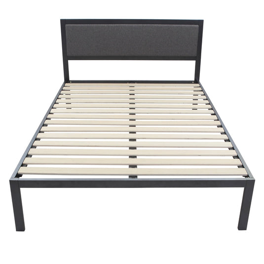 ViscoLogic Platform Metal Bed Frame with Upholstered Headboard/Mattress Foundation/Wood Slat Support