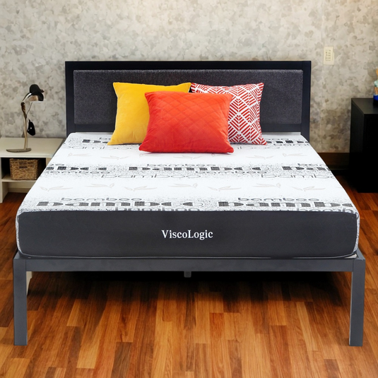 ViscoLogic Platform Metal Bed Frame with Upholstered Headboard/Mattress Foundation/Wood Slat Support