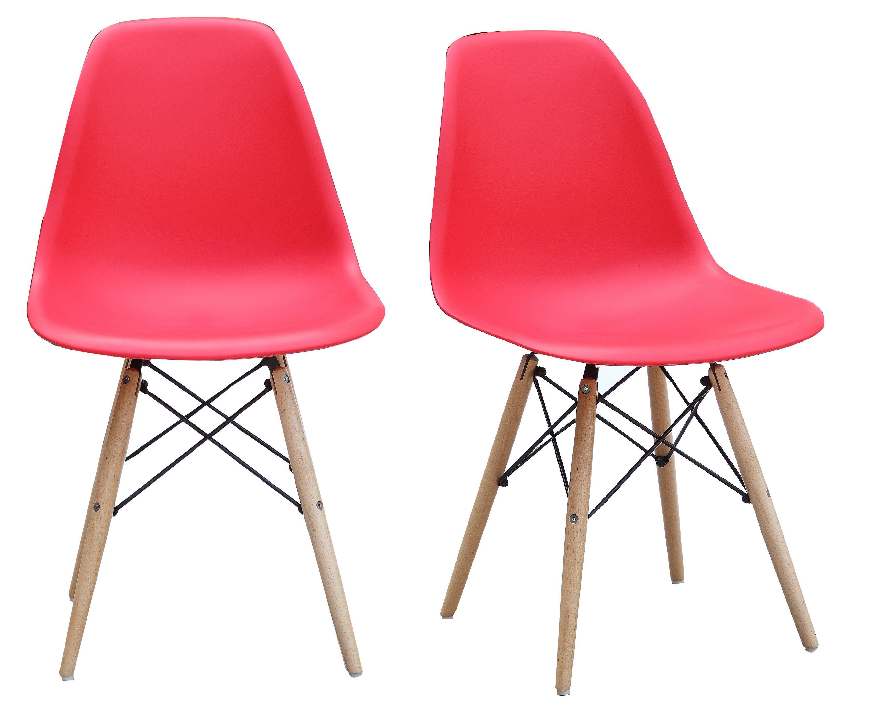 ViscoLogic Prague High Back Molded Plastic Side Dining Chair with Natural Wood Legs (Set of 2) Raspberry Red