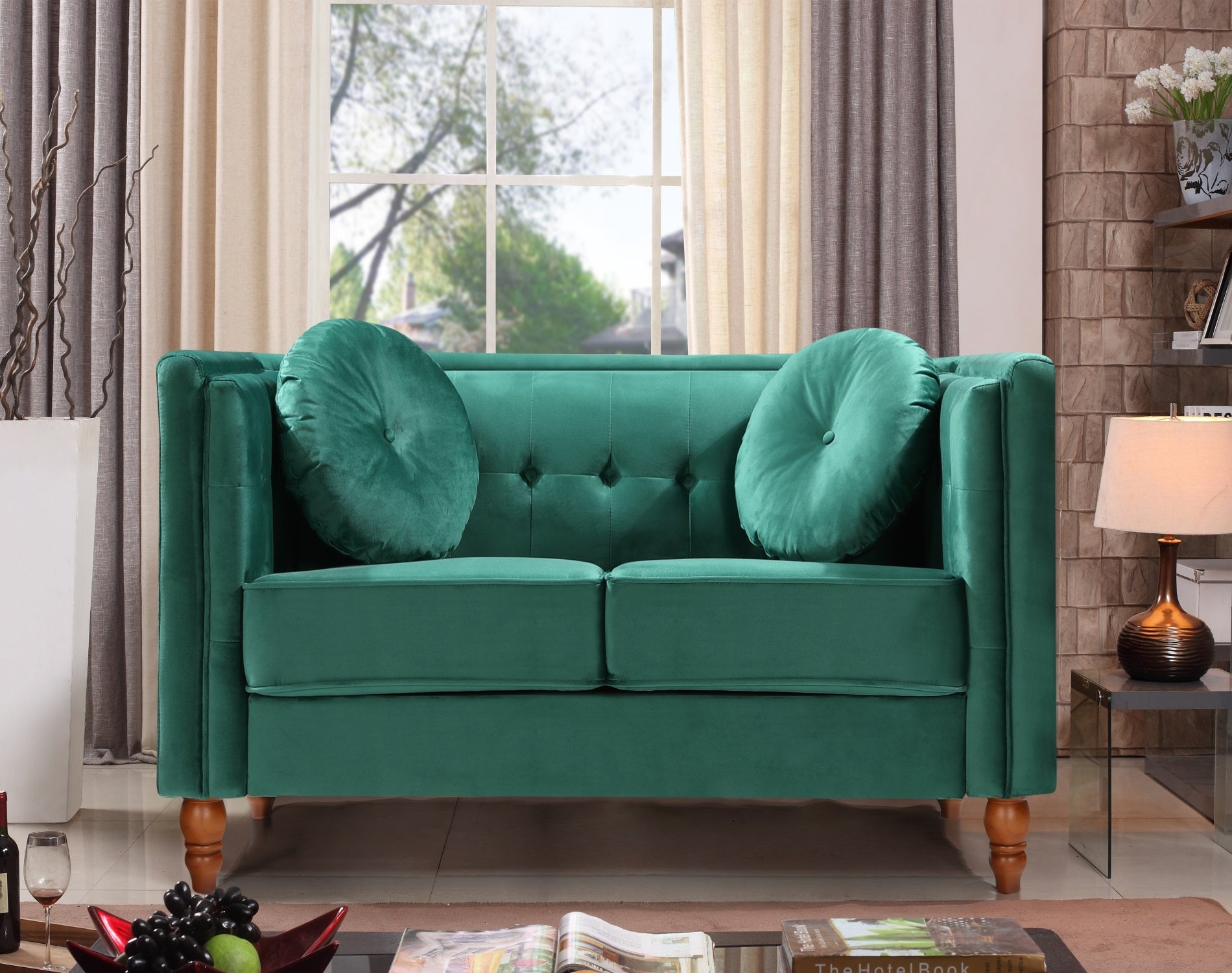 ViscoLogic Tuxedo Mid Century Tufted Style Velvet Upholstery Arm 3-Seater Sofa/Couch, Loveseat & Chair For Living Room (Green)