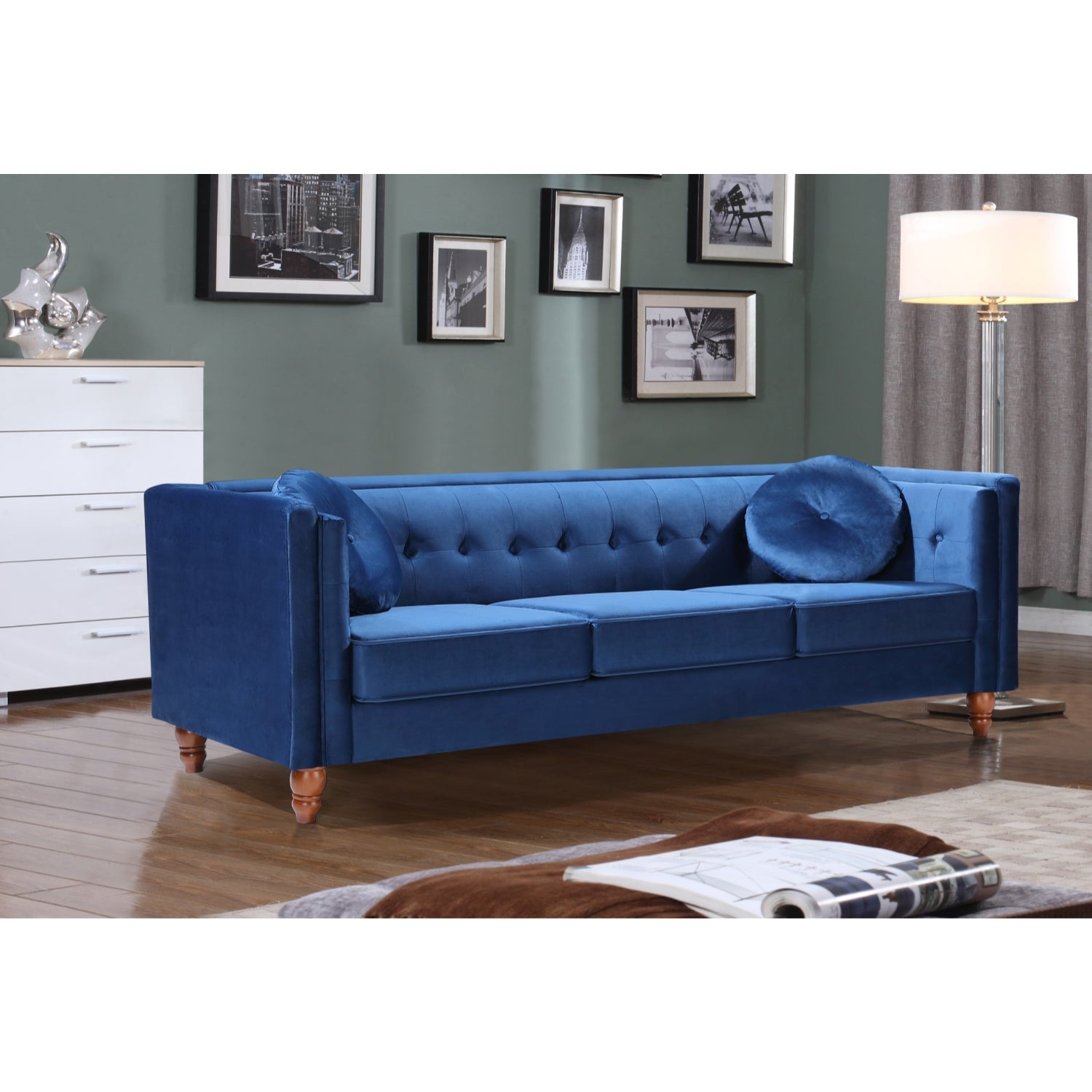 ViscoLogic Tuxedo Mid Century Tufted Style Velvet Upholstery Arm 3-Seater Sofa/Couch, Loveseat & Chair For Living Room (Navy Blue)
