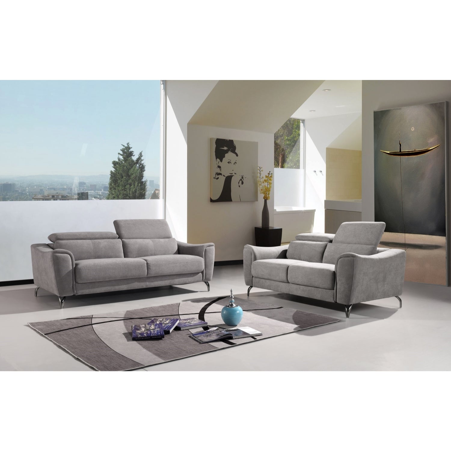 ViscoLogic Lancaster Adjustable Headrest Luxury Fabric 3-Seater Sofa/ Couch, Loveseat & Arm Chair (Grey (For GTA AREA ONLY)